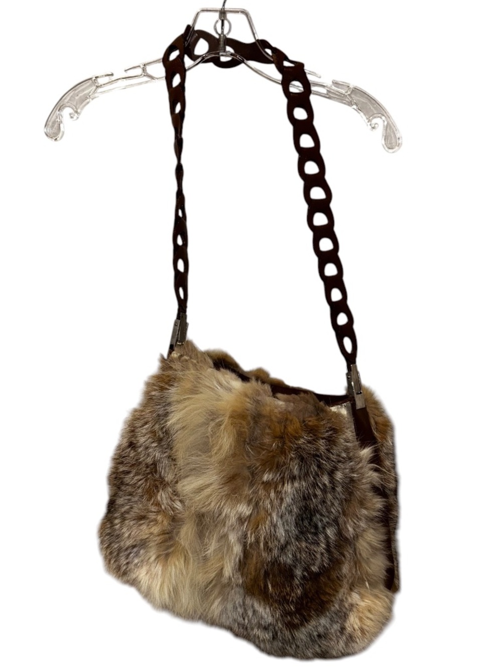 Real Fur coyote? brown leather trim strap purse bag